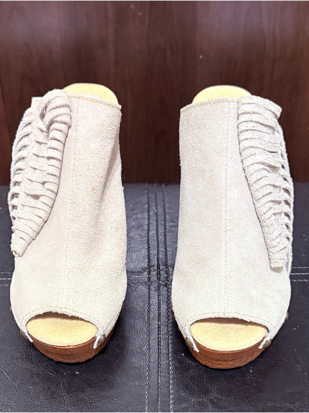 Vintage Cream Suede Open-Toe Fringe Mules